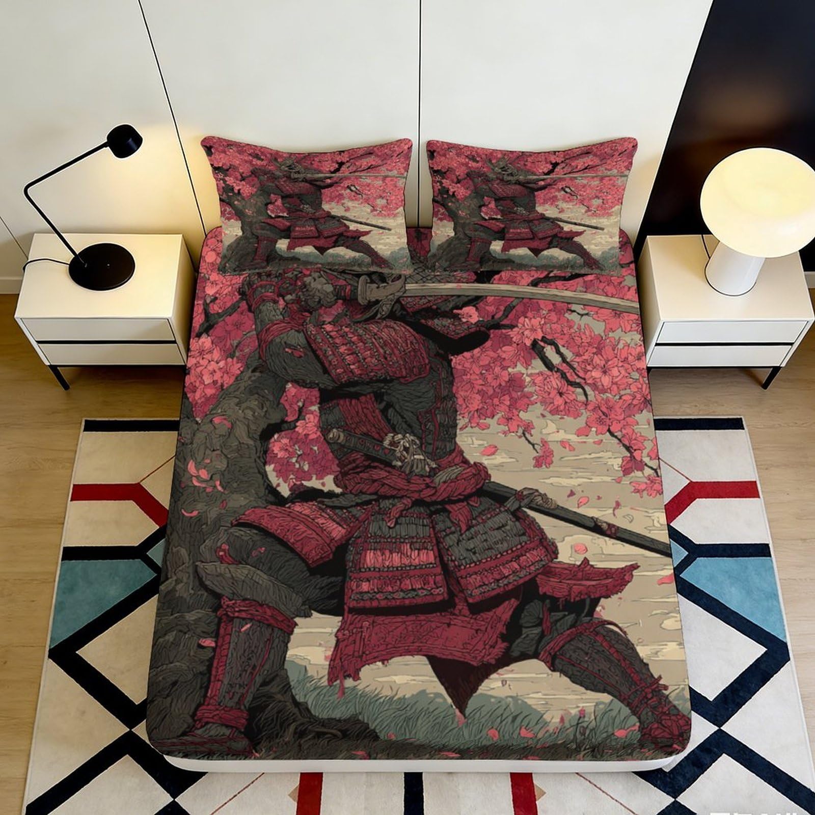 3D Printed Samurai Warrior Fitted Sheet Microfiber Soft Breathable Cherry Blossom Bed Cover for Bedroom Dorm Decor 90x200x25cm
