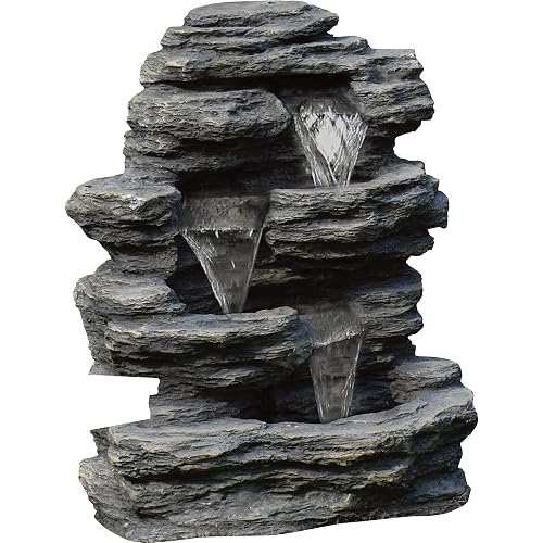 Outdoor Water Fountain With Cascading Waterfall, Natural Looking Stone and Soothing Sound for Decor on Lawn, Garden, and Patio By Pure Garden,Brown, 18.3x12.3