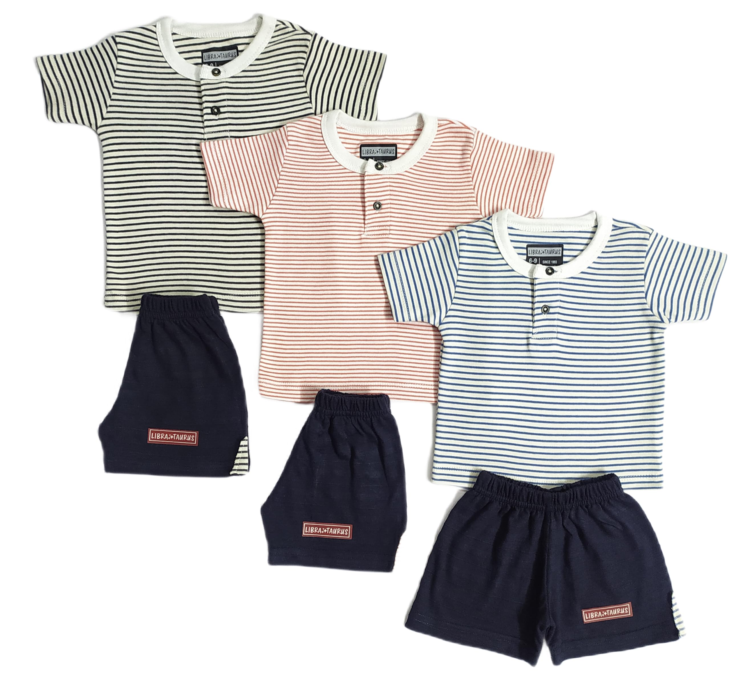 LIBRA TAURUS 100% Soft Cotton T-Shirts with Shorts for Infants New Born Baby Boys & Girls Half Sleeve Front Open Multicolor - Pack of 3
