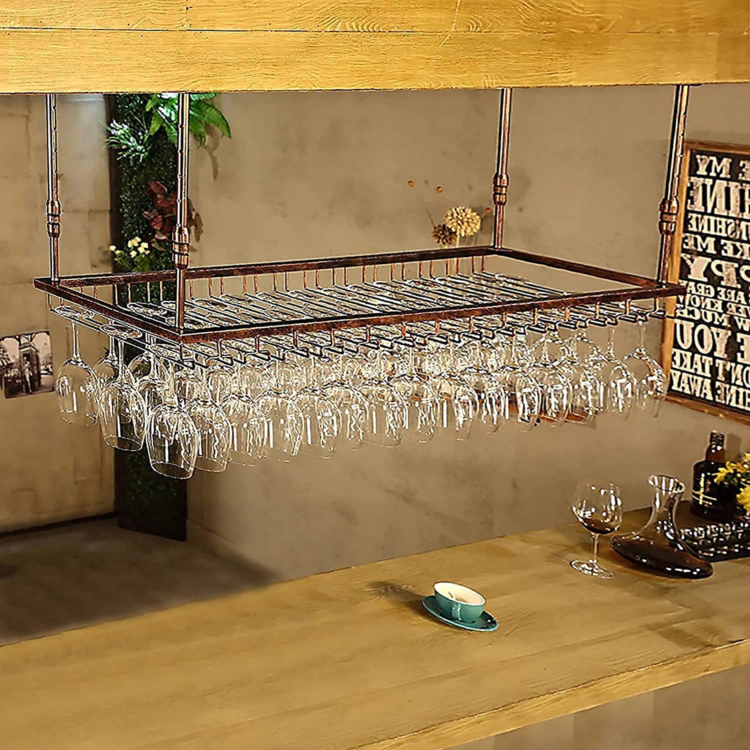 Étagère suspendue porte-bouteille de vin et verres en fer 120x35cm
