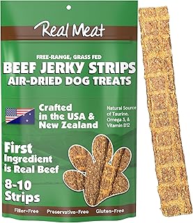 Real Meat Beef Jerky Dog Treats - 8 Air-Dried Strips of Jerky- Grain-Free Pet Snacks Made up of 95% Free-Range Grass Fed Beef - All-Natural