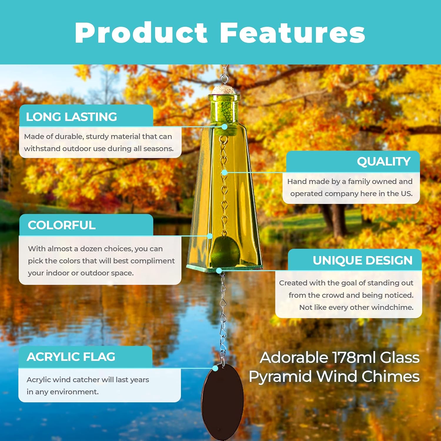 Blue Ridge Mountain Gifts Pyramid Bottle Wind Chime for Garden & Porch Decor w/Cooper Accent, Stained Wooden Ball, & Colorful Glass Bottles - Ideal for Wind Chime Lovers (Red, Orange, Yellow)
