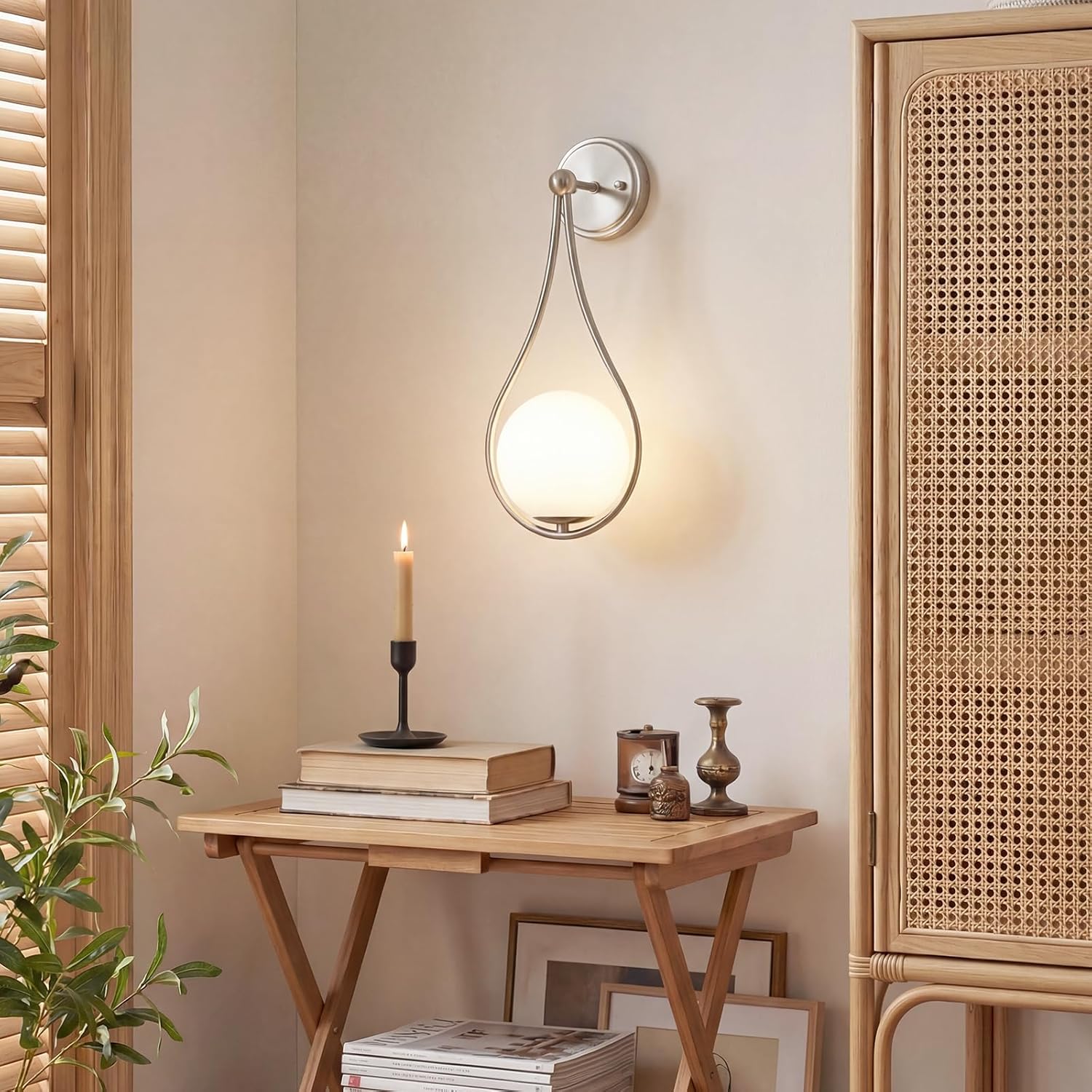 Mid-Century Wall Sconces Set of 2 Brushed Nickel Modern Globe Wall Lighting Indoor Hardwired Wall Lights for Hallway Office,Porch, Bedroom, Living Room,Stairway