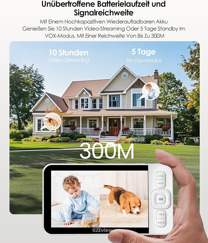 CZEview Bébiőr 2K Kamerával - 5" WiFi Videó Monitor, 360° PTZ, 4x Zoom, Éjjellátó, Mozgásérzékelés, Hőmérsékletjelző, Applikációval