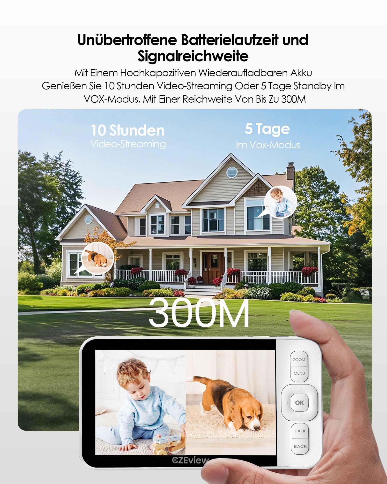 CZEview Babyphone mit Kamera, 2K/5,0" HD WLAN Video Babyfon mit App, 360°, 4× Zoom, Nachtsicht, Automatische Verfolgung, Weinen/Bewegungs/Geräuscherkennung, Temperaturanzeige
