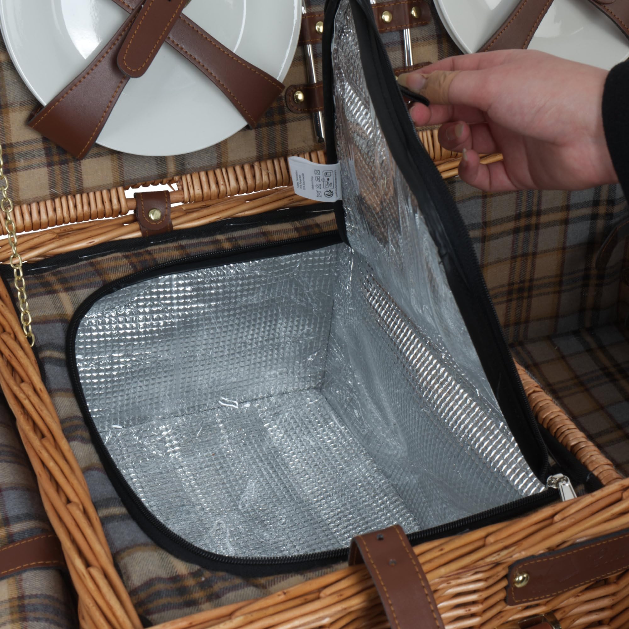CampFeuer Cesta de Mimbre para Picnic con Vajilla y Compartimento Refrigerador | 4 Personas | 29 Piezas | Set de Picnic con Platos de Cerámica, Cubiertos, Copas y Cuchillo de Camarero