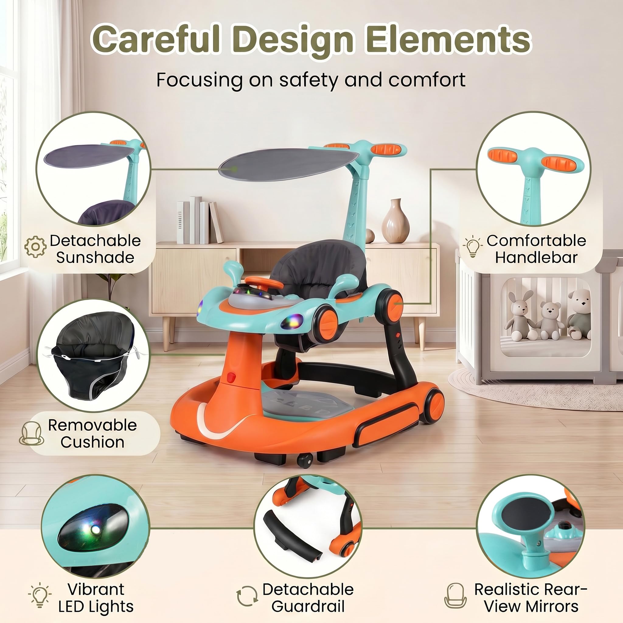 LIFEZEAL 6 in 1 girello per bambini con tettuccio, Girello Trasformabile, Pieghevole, altezza e velocità regolabili, Baby Walker con luce, musica, Portata 12 kg, per Bambini 7-18 Mesi (arancione)