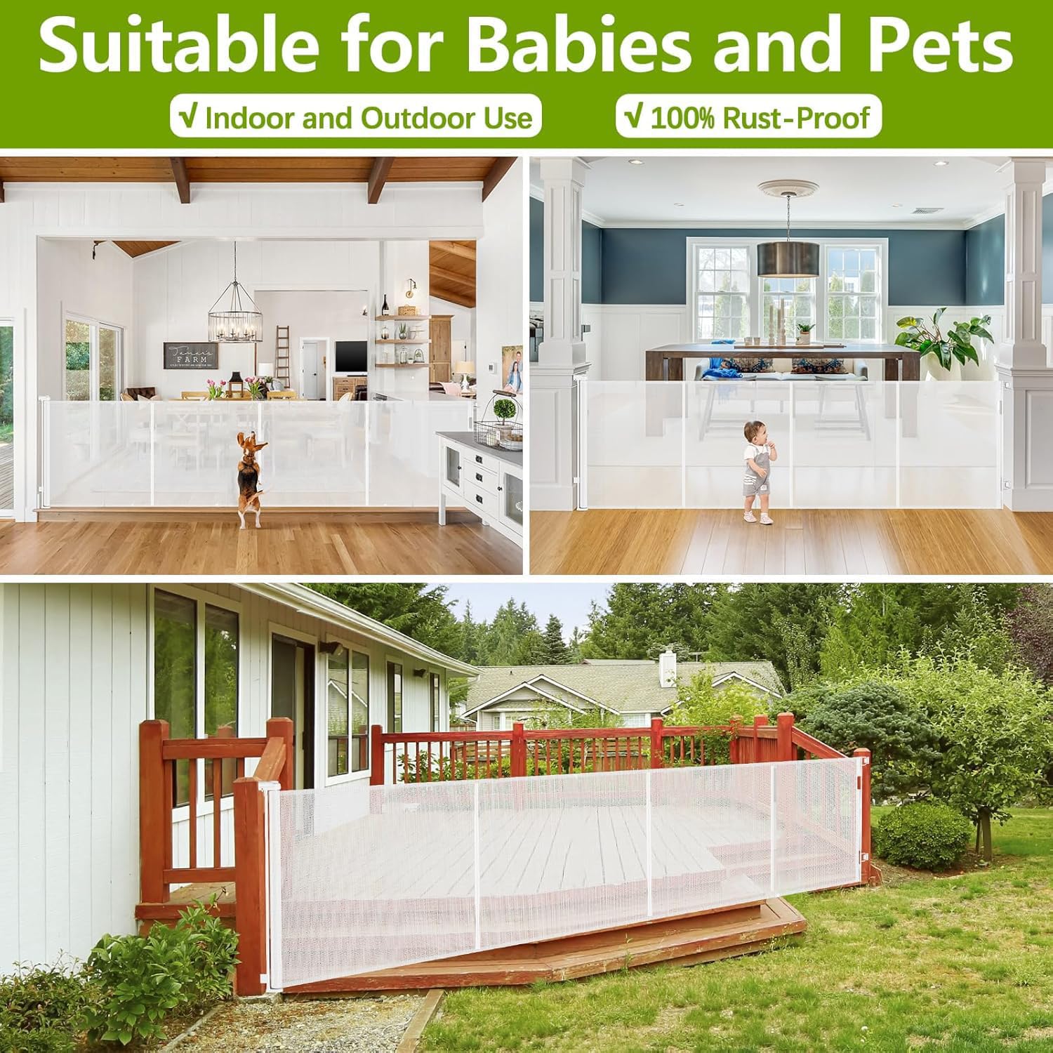 Reinforced 42 Inch Tall Retractable Baby Gates Extra Wide Dog Gate, 155 Inch Extra Long Baby Gate with Support Rods - Prevent Crawling Under, Indoor Retractable Gate Outdoor Extra Tall Dog Gate, White