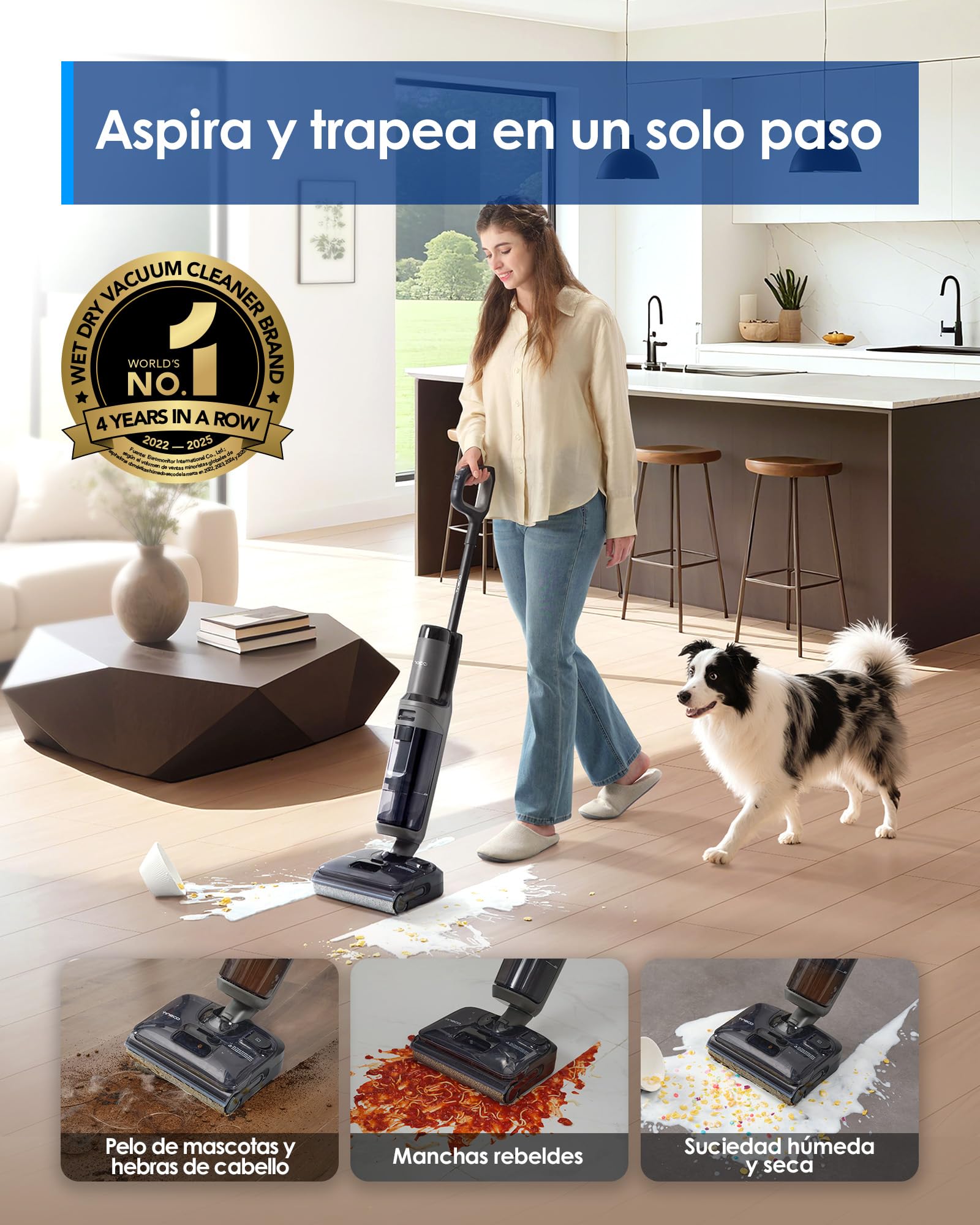 Tineco Floor One i6 Stretch - Aspiradora Seco/Húmedo, Aspira y Trapea, 20.000 Pa, 180°Lay-Flat, Autolimpieza, 40 min, Antienredos, Celda de Bolsa Mejorada, Ideal para Pelo de Mascotas