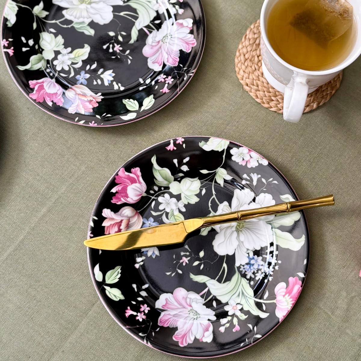 GOLDEN QUEEN'S Snack Plates Set of 4 | Perfect for Serving Snacks, Desserts, Appetizers, Salads, Tapas, Cheese | 7 inches Wide | Microwave Safe - Garden Splendor in Black