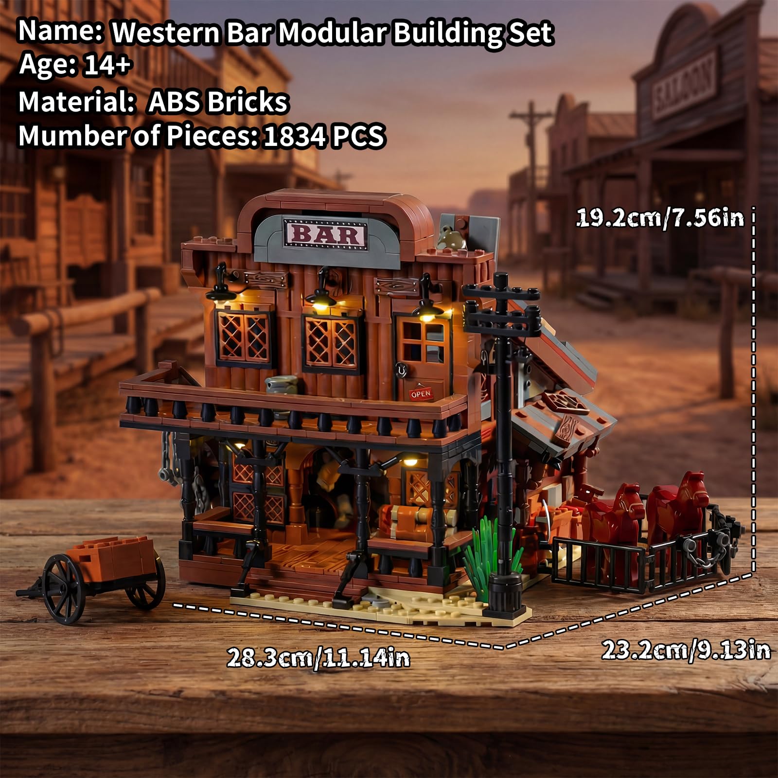 Western Cowboy Bar Modular Building Set, 1884 Teile Westernstadt Architektur mit Ställe und Pferde, Old West Klemmbausteine Haus, Sammlermodell für Erwachsene & Geschenk