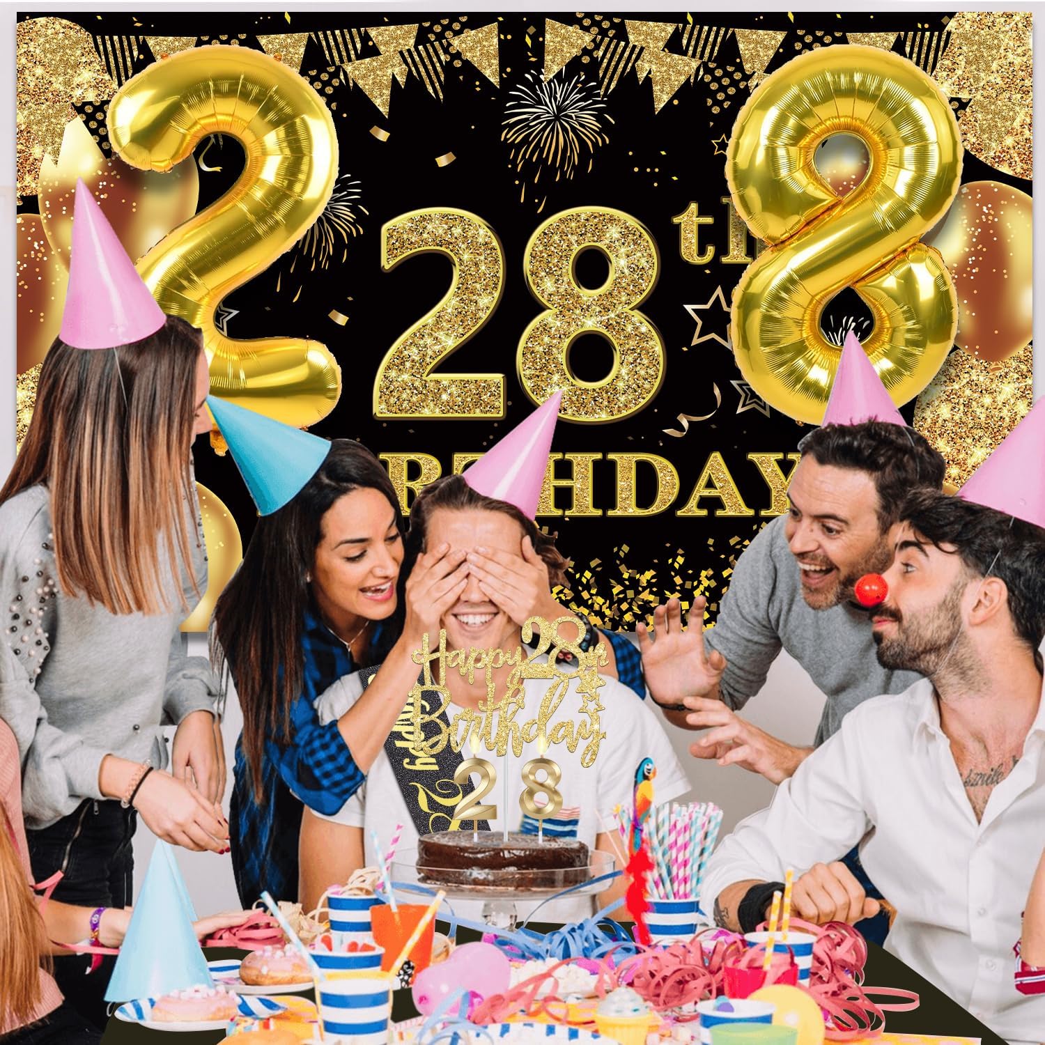 28th Birthday Decorations Men Women with 28th Birthday Banner, Black and Gold Table Cloth, Number Balloons, Large Sash, Cake Topper and Candles - Image 6