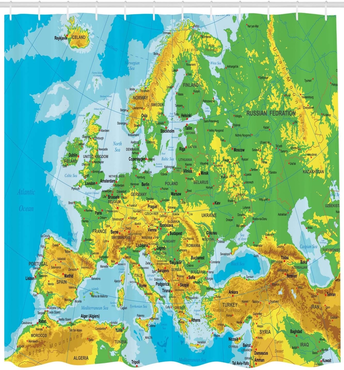 Ambesonne Map Shower Curtain, High Detail Map of Europe with Borders Countries Cities, Cloth Fabric Bathroom Decor Set with Hooks, 69" W x 70" L, Green Sky Blue