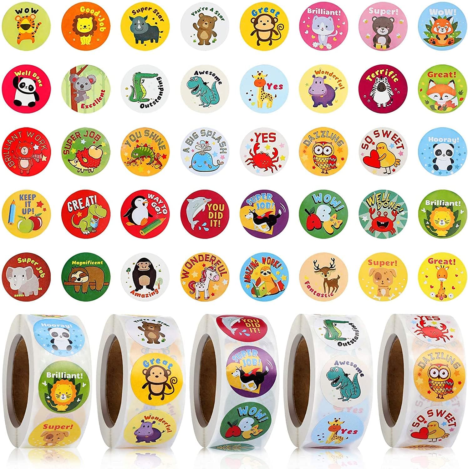 Reward Stickers for Teachers, 2500 Pieces Motivational School Stickers for Children Animal Cartoon Motivational Stickers Teacher Supplies for Classroom 5 Rolls