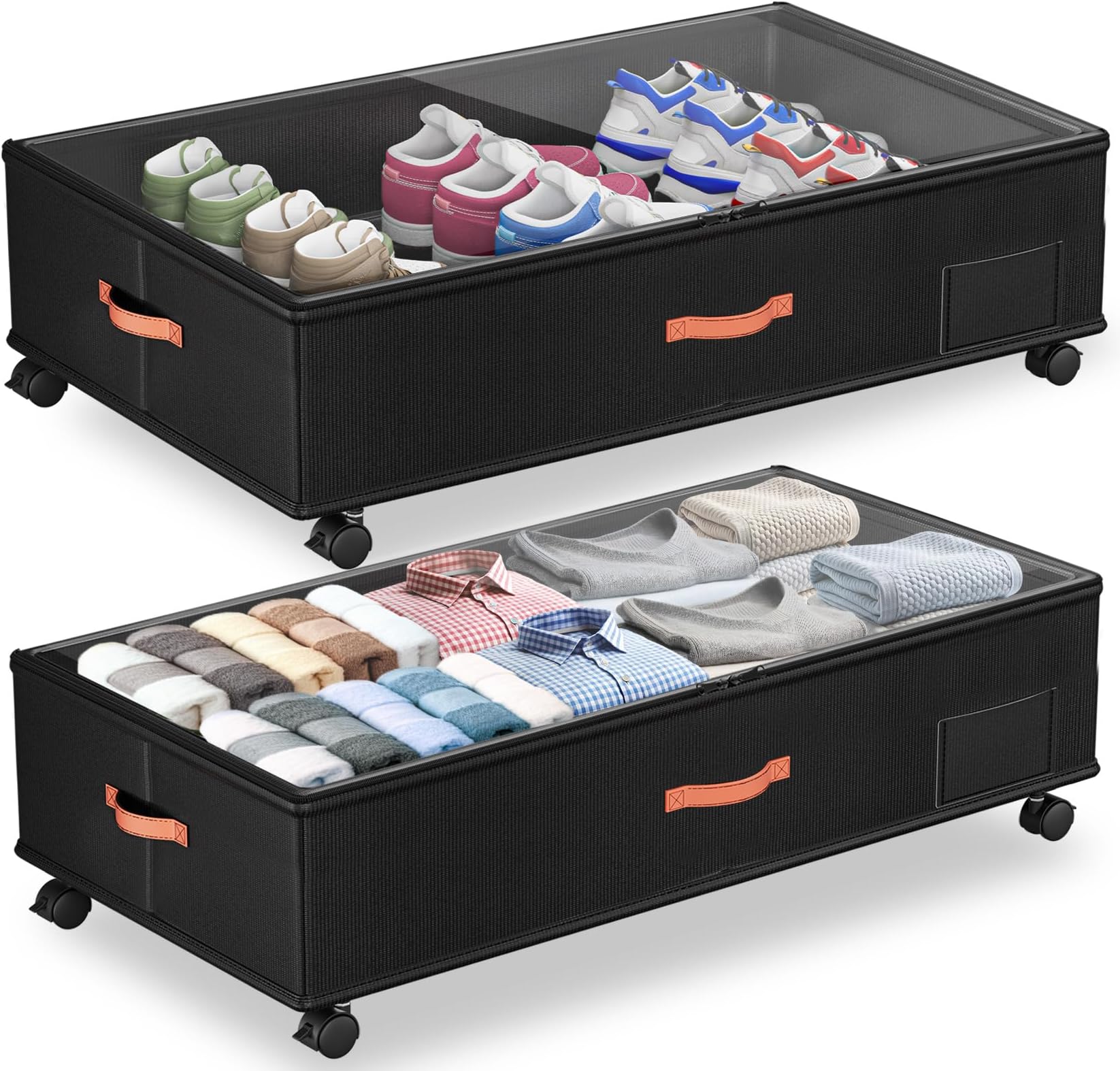 Under Bed Storage with Wheels,2-Pack Under Bed Storage Containers with Clear Lids,XXL 66L Large Capacity Bedding Clothes Organizer Bins With Handles,Space Saving Design for Clothes,Shoes,Books-Black
