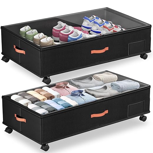 Under Bed Storage with Wheels,2-Pack Under Bed Storage Containers with Clear Lids,XXL 66L Large Capacity Bedding Clothes Organizer Bins With Handles,Space Saving Design for Clothes,Shoes,Books-Black