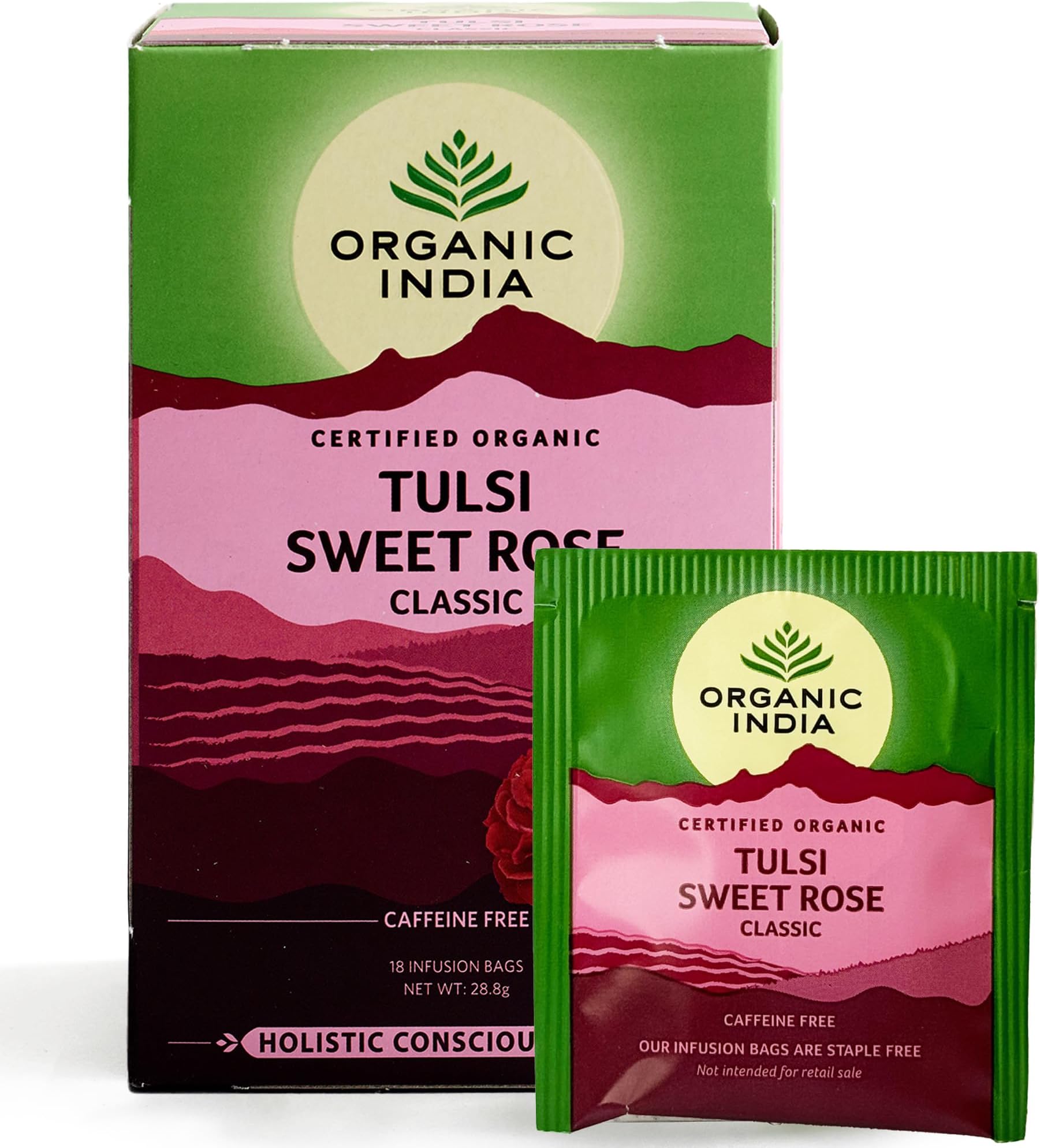 Organic India Tulsi Sweet Rose Tea - Organic Tulsi, Chamomile & Rose Infusion - Soft Floral Herbal Blend with Natural Sweetness - Caffeine-Free for Relaxation - 18 Individually Wrapped Tea Bags