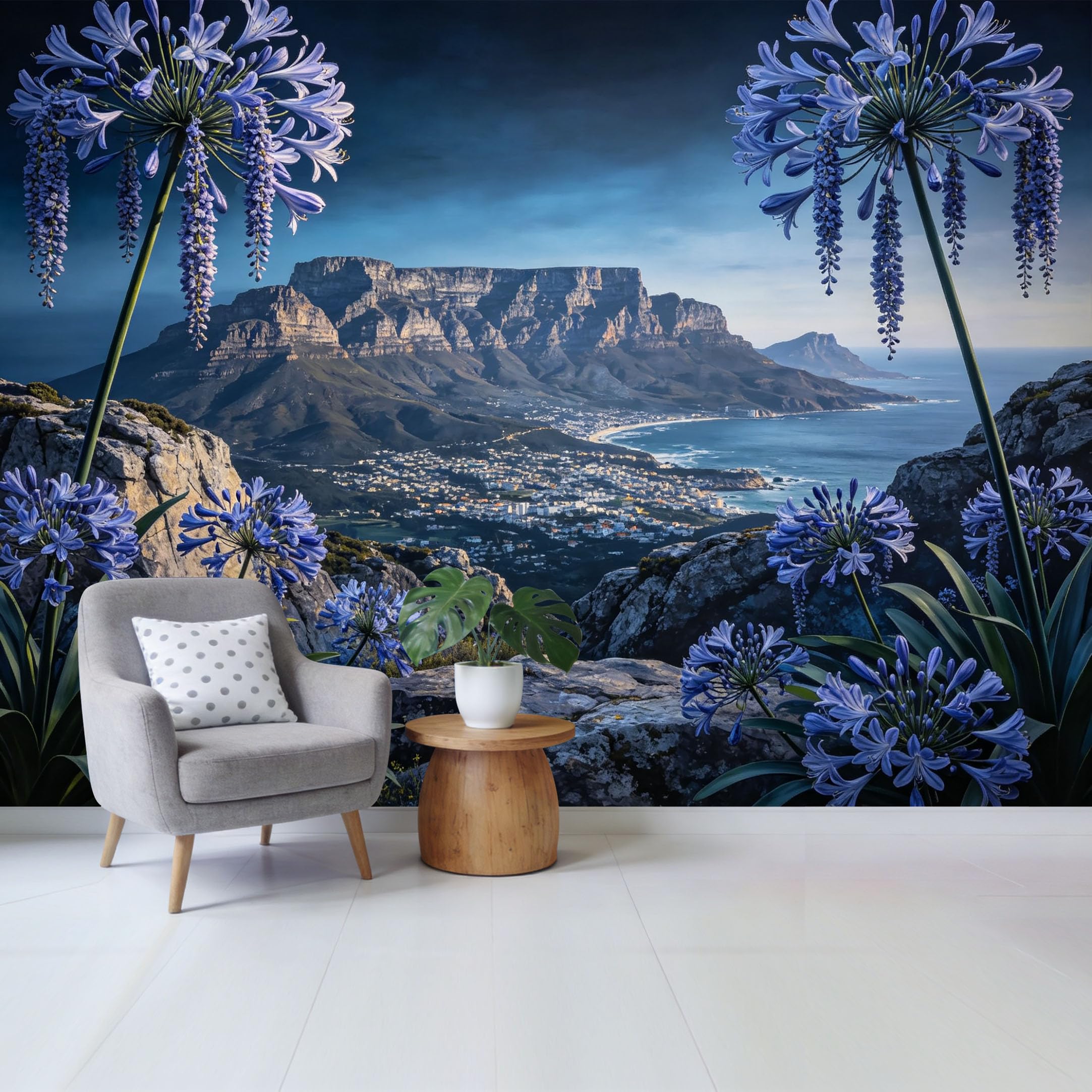 Qzlithotic Yq2605250613 Custom Size Wall Mural Blue Agapanthus Flower Botanical Mountain Lake Landscape 3D Trompe L'oeil Selfadhesive Wall Fabric Removable Wallpaper For Home Office Decor