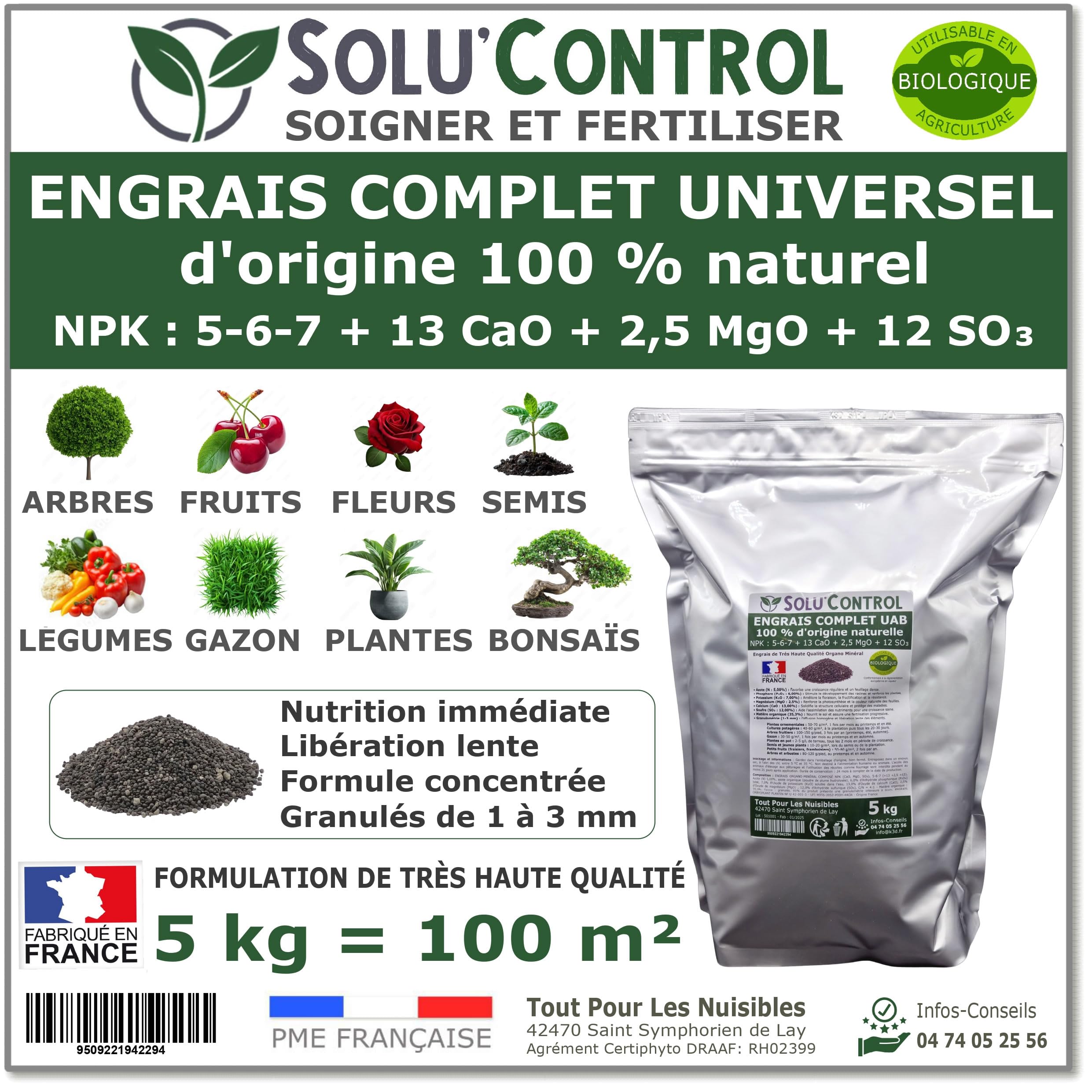 5 kg d'ENGRAIS COMPLET universel et équilibré - SoluControl - UAB - Utilisable en Agriculture BIOLOGIQUE