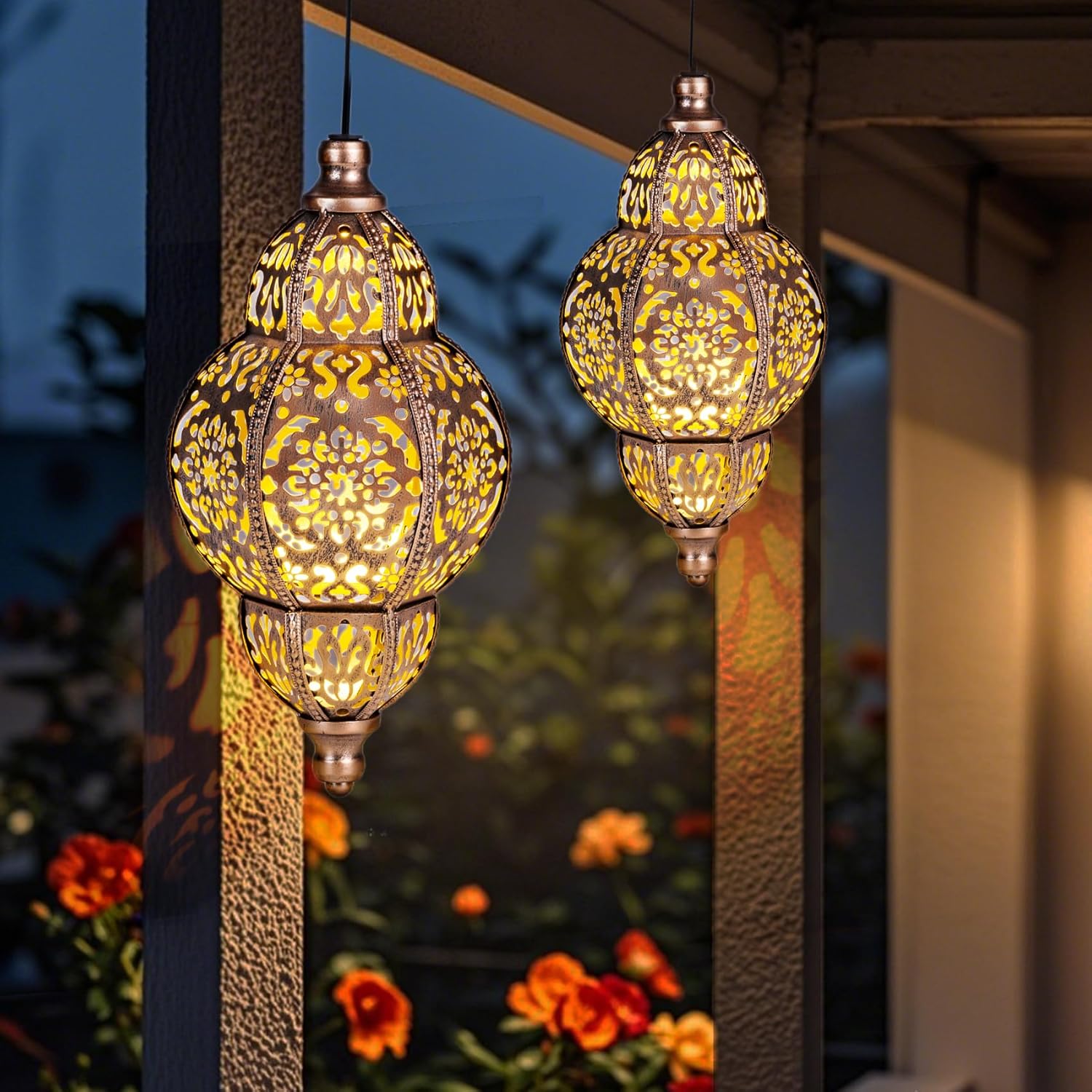 Hanging Solar Lanterns,Outdoor Garden Decor Solar Lantern Metal Moroccan Yard Art Gardening Decorative,Outside Hanging Lights Christmas Decorations for Gazebo Patio Chandelier Garden Gift - Image 6