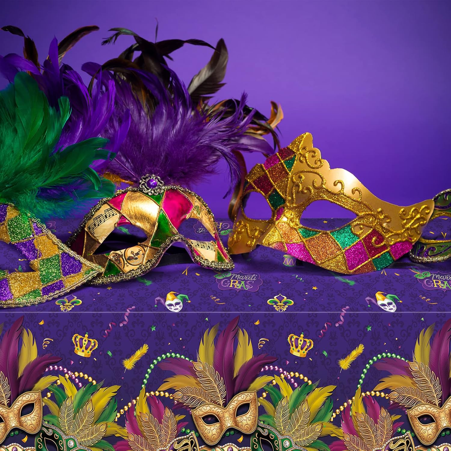 12 Pack Mardi Gras Tablecloth, Masquerade Dancing Party Tablecloth Decorations, Plastic Purple Table Cover Backdrop for Mardi Gras Carnival Party Supplies and Decors, 54 x 108 Inch