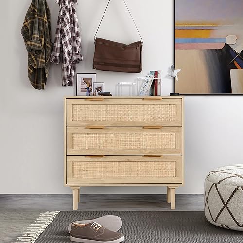 HOPUBUY 3 Drawer Dresser for Bedroom, Rattan Modern Closet Dressers Chest of Drawers, Wood Oak Storage Chest for Kids Bedroom, Hallway, Living Room