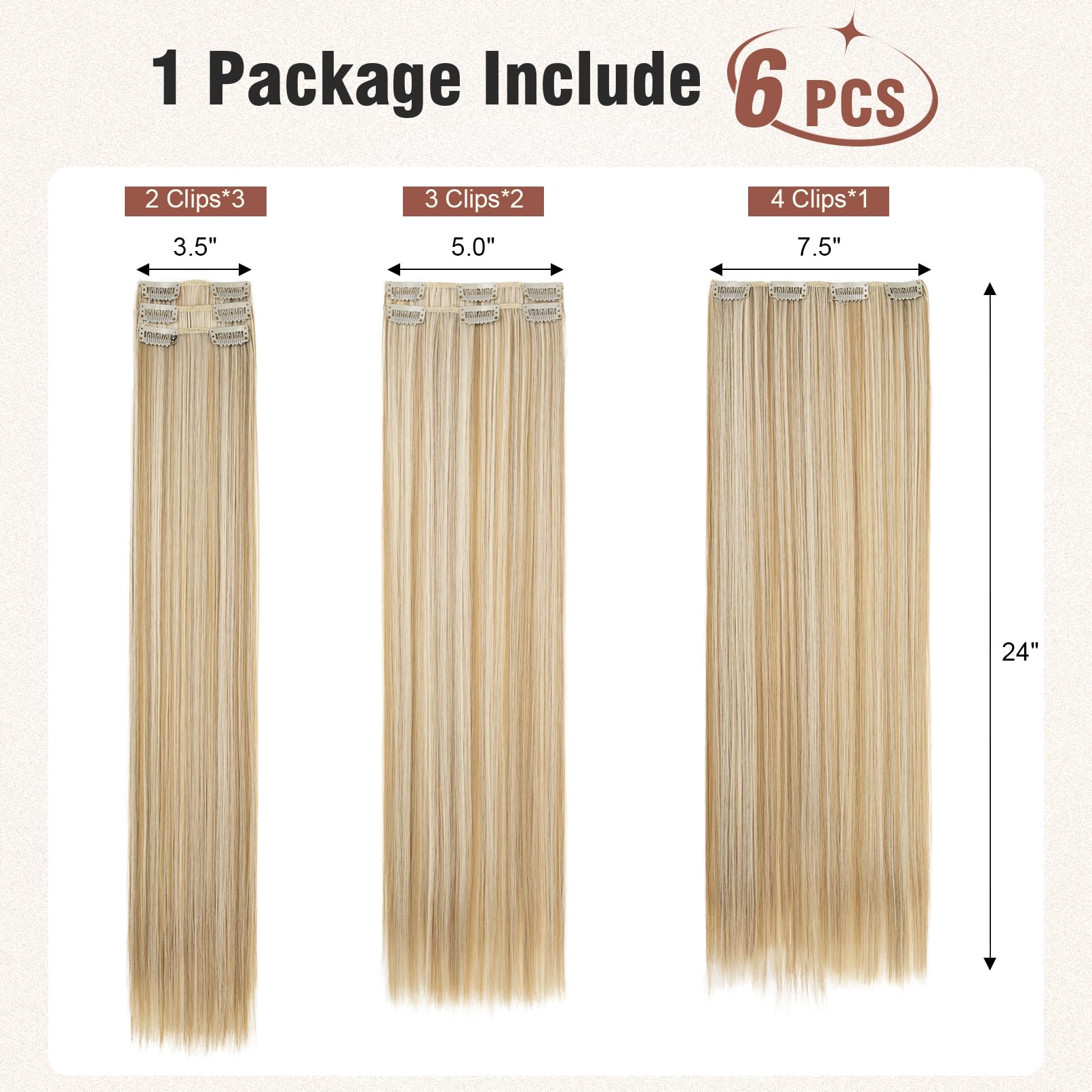 Flufymooz 6PC Clip in Hair Extensions 24" Straight Long Extensions for Women Synthetic Hairpiece (Dark Blonde with Highlights) - Image 4