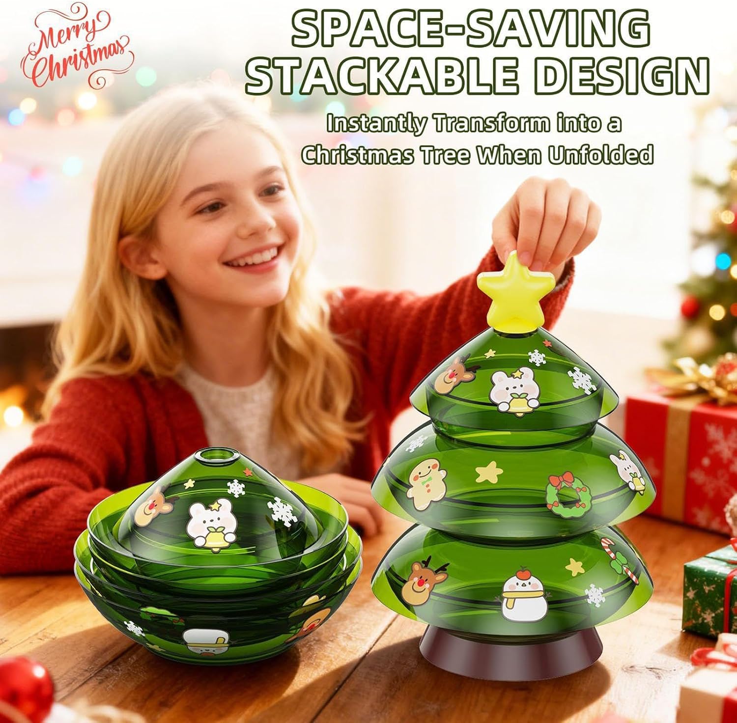 スナックボックス - 3層のクリスマスツリー型ストレージ、パーティー装飾キャンディートレイ、季節のおやつのためのマルチセクションのお