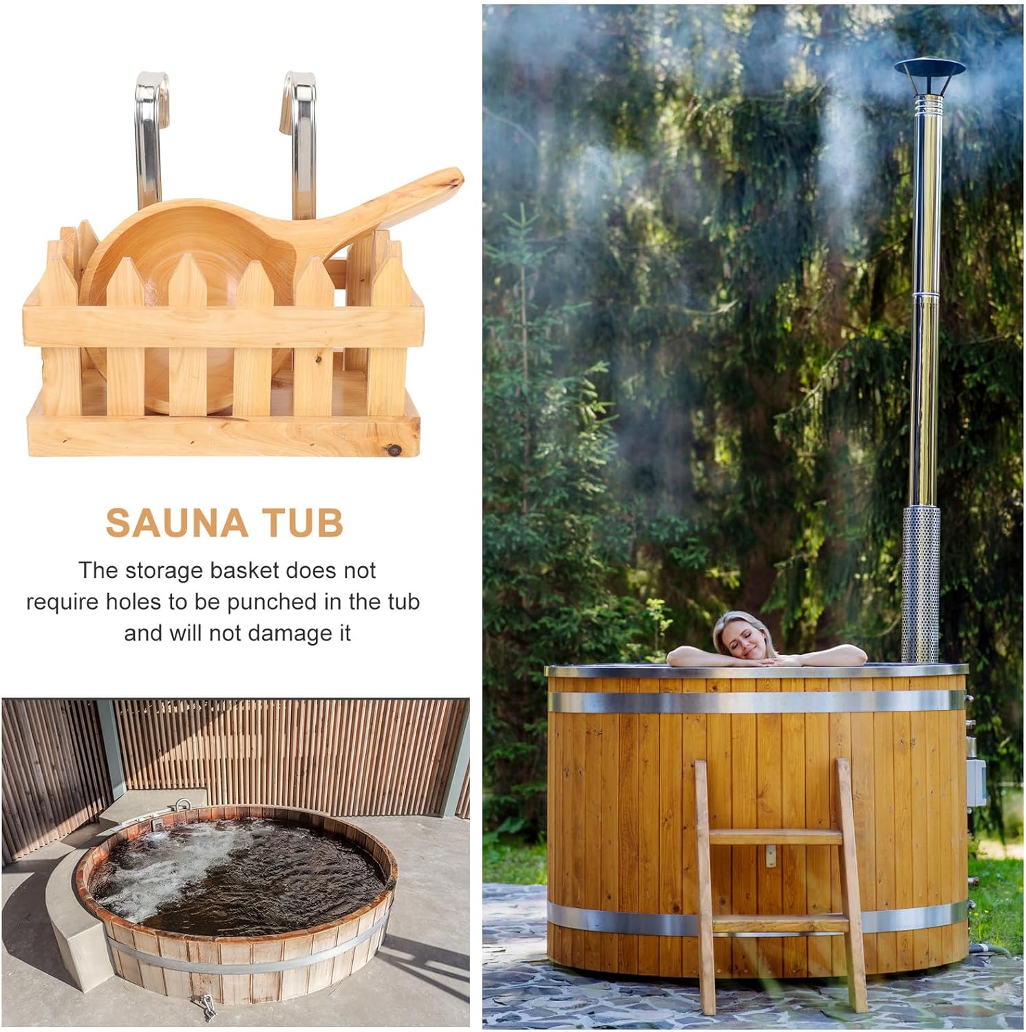 Wooden Bath Bucket Accessories Set with Cedar Wood Water Ladle and Hanging Sauna Storage Basket for Adult Soaking Tub Bathroom Organization