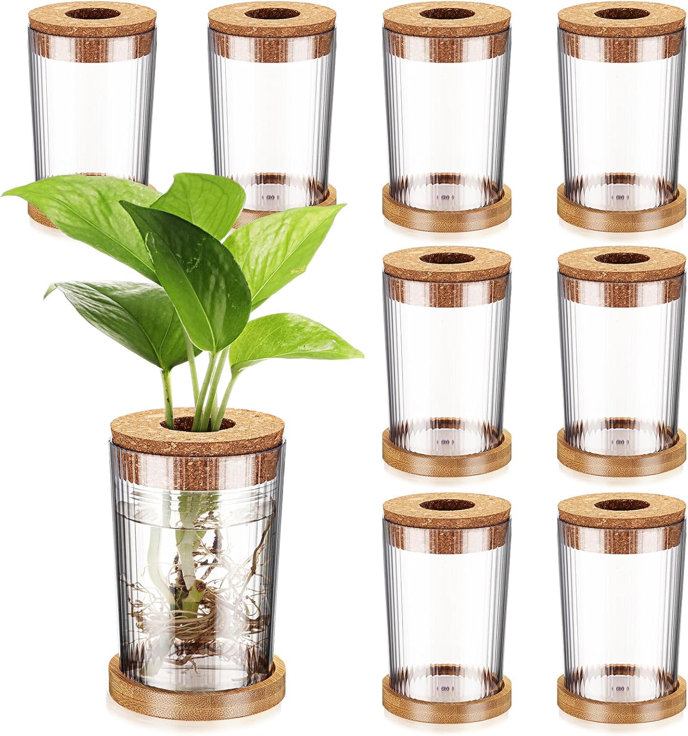 Baderke 9 Packs Propagation Vases for Plants Plastic Plant Propagation Station with Hole Lid and Bamboo Stand Growing in Water Hydroponic Home Office Table Decoration(Stripe Style)
