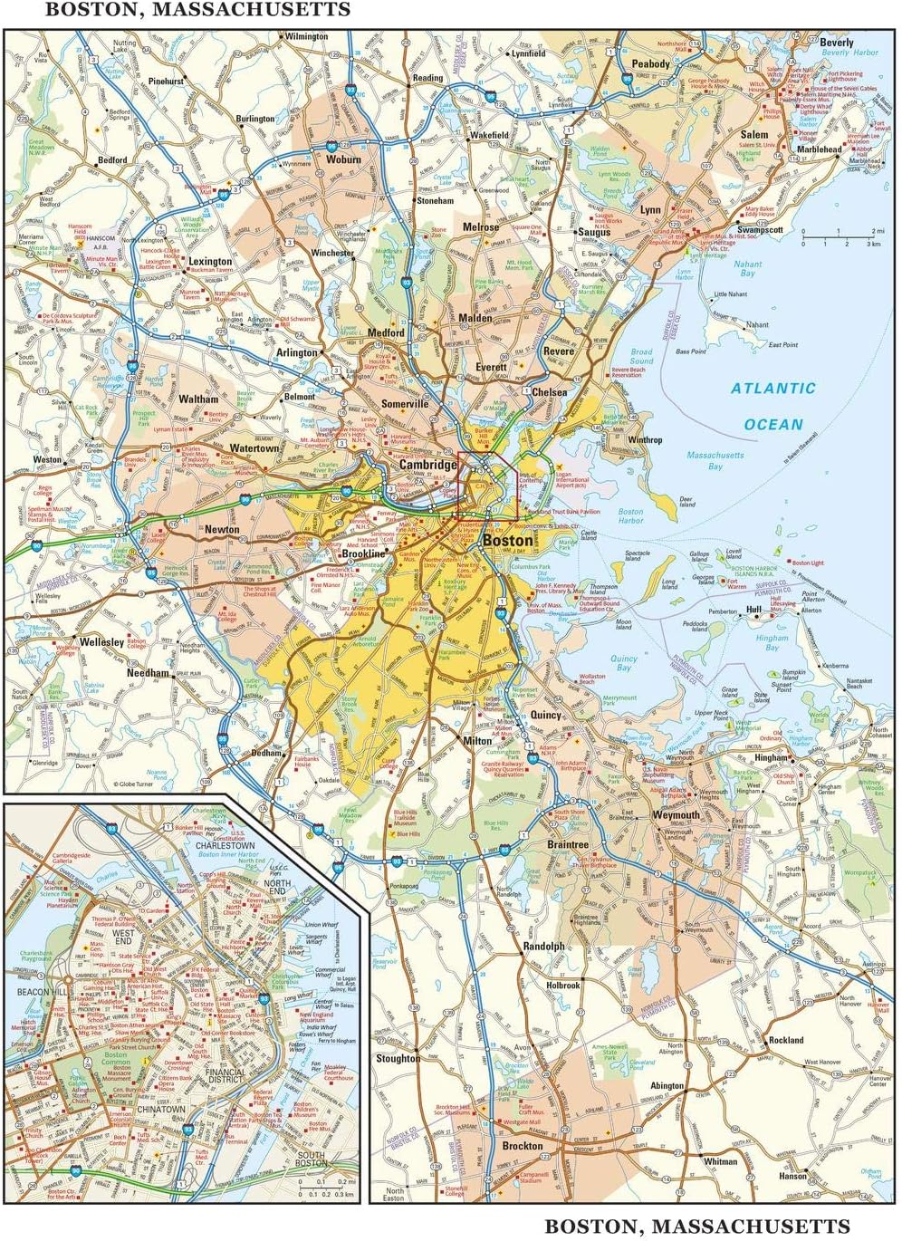 Globe Turner Boston, Massachusetts Wall Map, Large - 22.75" x 29" Laminated, Full Color, Coated Paper, Road Map