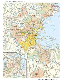 Globe Turner Boston, Massachusetts Wall Map, Large - 22.75" x 29" Laminated, Full Color, Coated Paper, Road Map