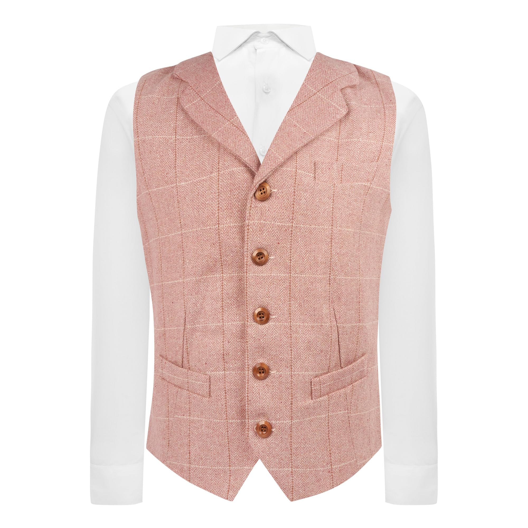King & Priory Pink Herringbone Windowpane Check Waistcoat with Lapel - L