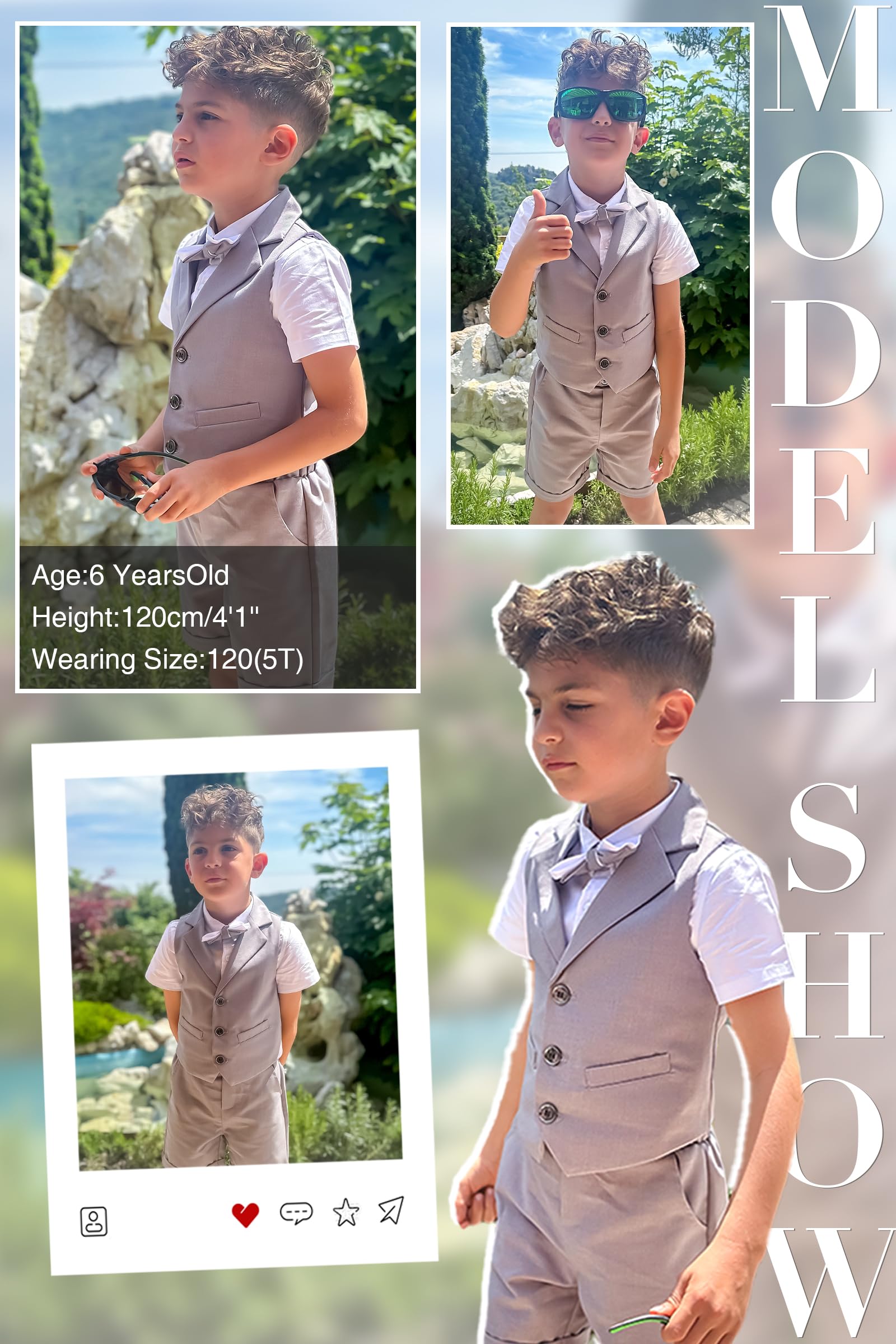 LOLANTA Chaleco de esmoquin para niños, traje de portador de anillos de boda, 4 piezas, vestido, ropa, chaleco, camisa, pantalones cortos, pajarita