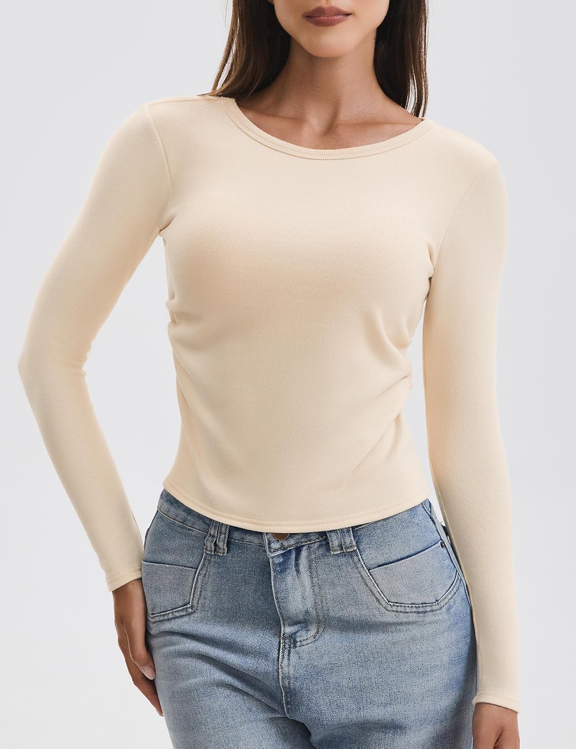 ZeroBound Built-in Shelf Bra Thermal Long Sleeve Top for Women Twist Ruched Side Slim Fit Tees Crew Neck Going Out Shirts - Image 2