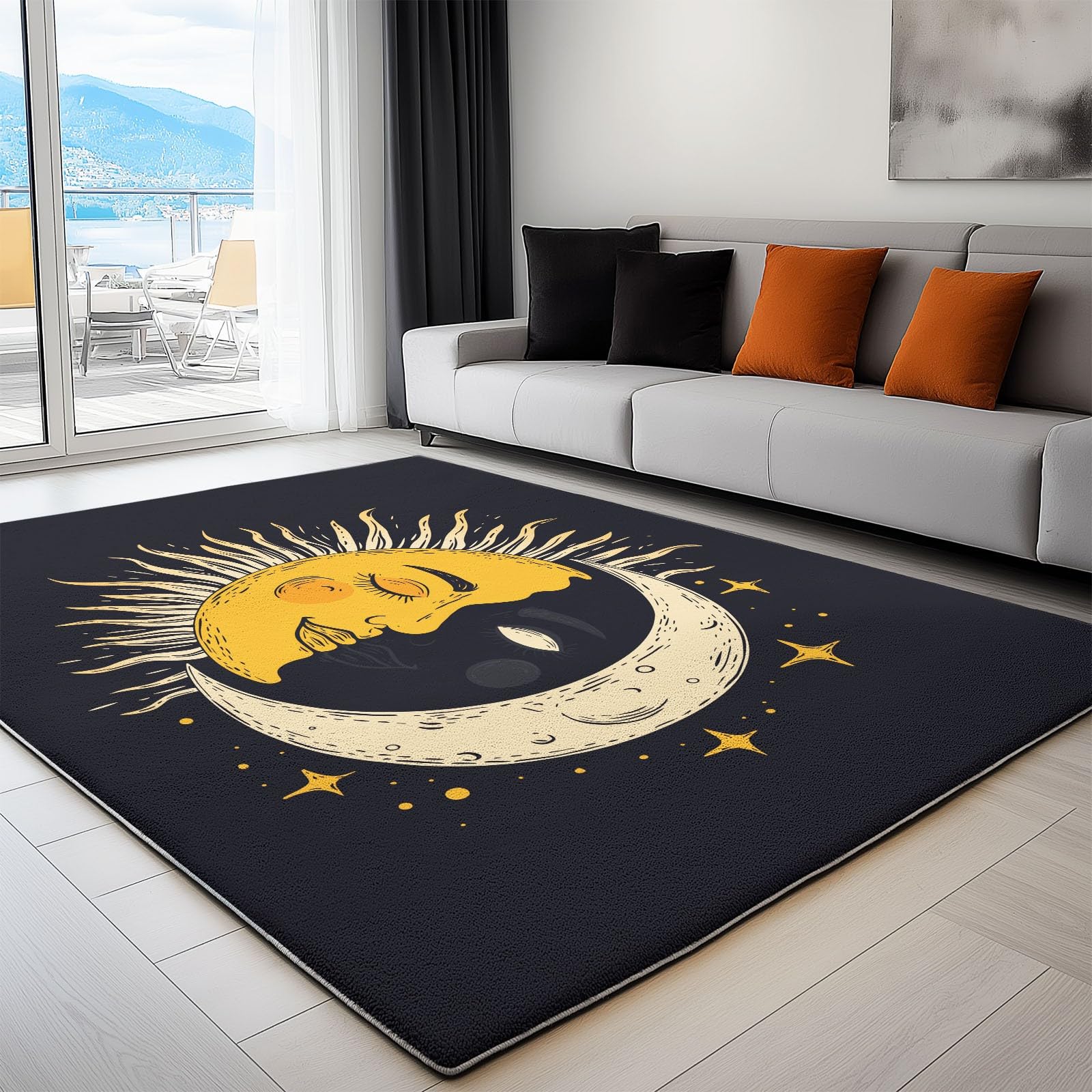 Noir Imprimé Tapis de Salon Lavable 160x230 cm Soleil Lune, Tapis Antidérapant à Poils Courts Doux pour Chambre Cuisine Entrée D'intérieur Décoration