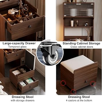 Dressing Table with LED Lights, 3 Light Colors, Vanity Table with USB Power Outlets, Vanity Desk with Mirror and Stool, Makeup Desk with 2 Drawers and Storage Cabinet (White,48cm)