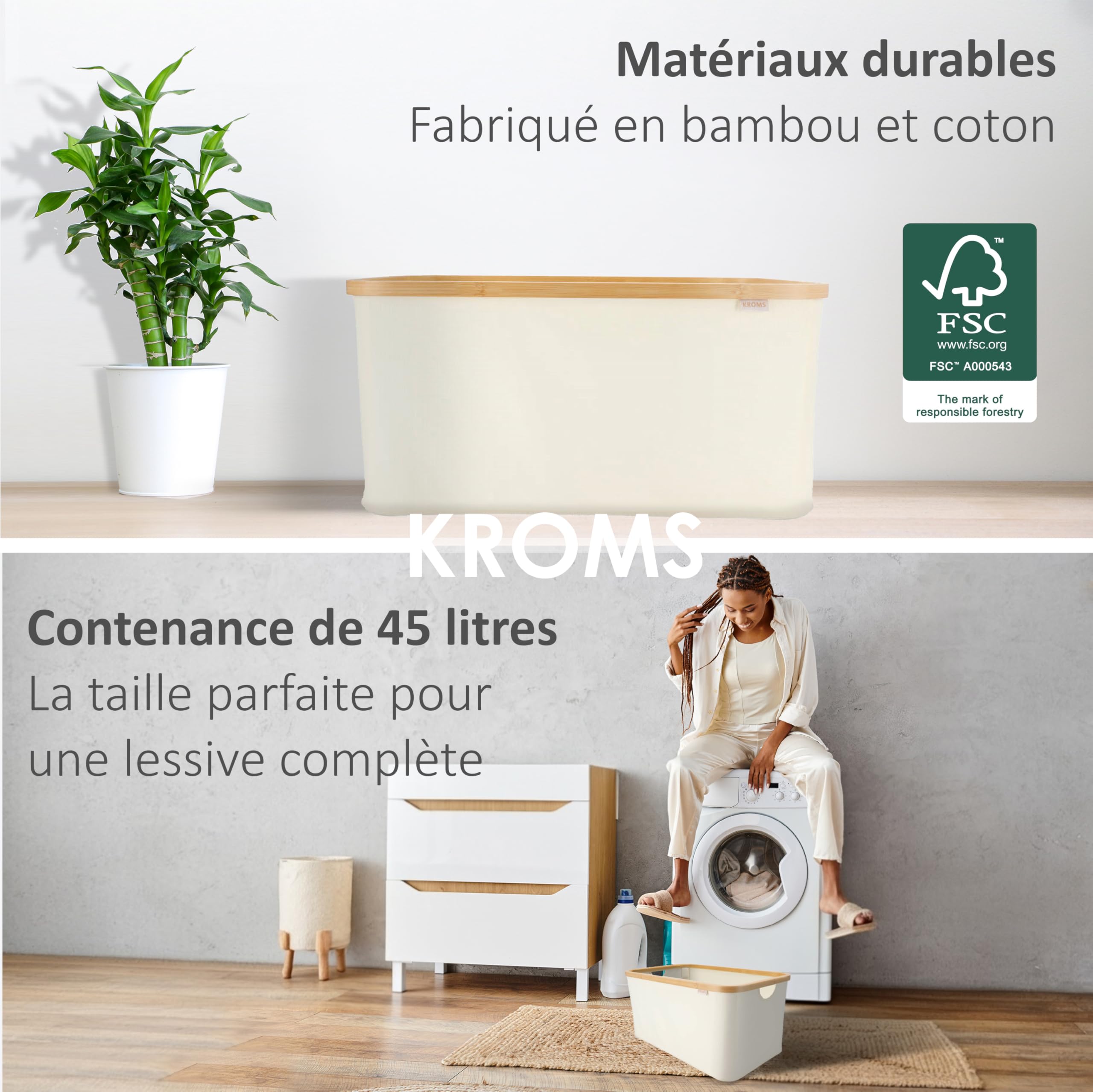 Corbeille a linge 45L - Beige - Panier a linge sale - Panier rangement - Panier a linge pliable - Corbeille a linge pliable