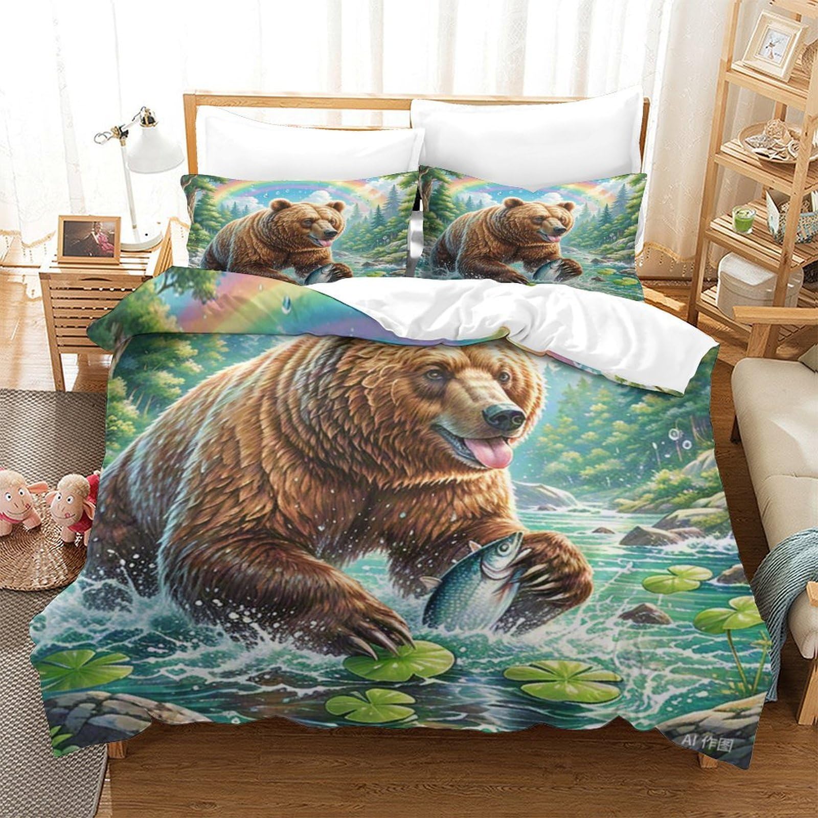 Housse de couette ours brun 3D 260x220 cm en microfibre douce avec sa taie d'oreiller