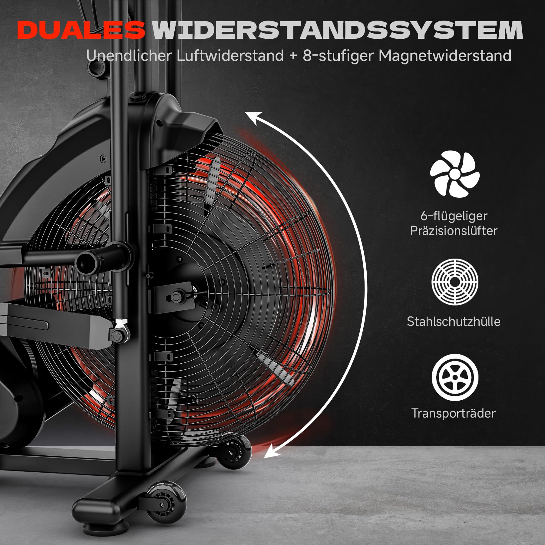 Air Bike, Heimtrainer Fahrrad Air Bike mit Luftwiderstand, Trainingsfahrrad mit Einstellbarem Magnetwiderstand, Leises Indoor-Fitnessbike für Ganzkörpertraining, LCD Monitor, App Verbindung