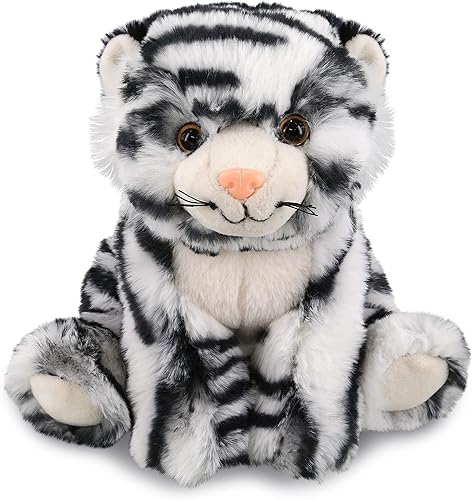 DolliBu Animal de peluche de tigre, suave y abrazable, tigre blanco en cuclillas, adorable peluche de zoológico de tigre, lindo regalo de safari de