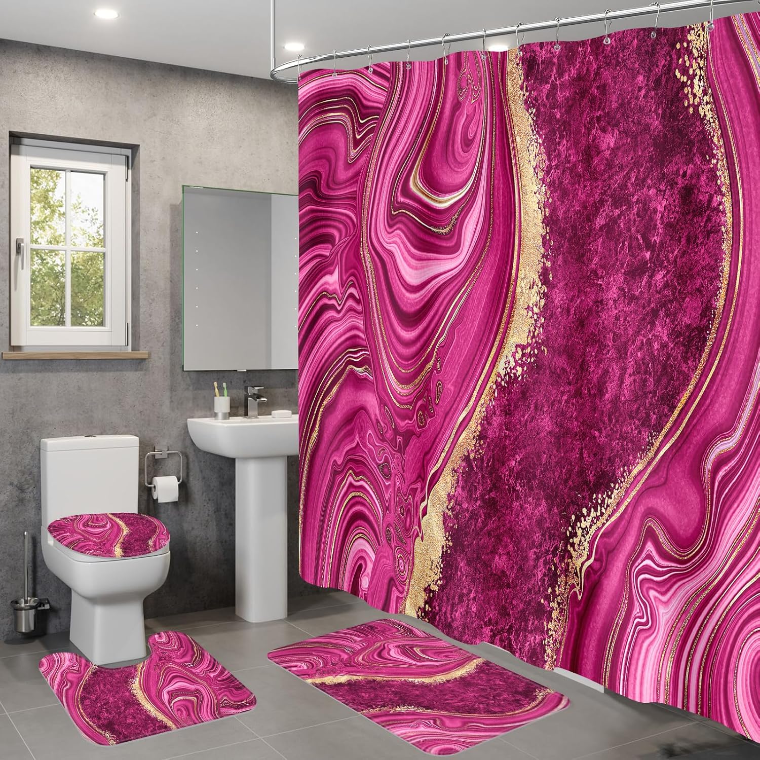 4PCS Pink Gold Marble Shower Curtain Sets with Rugs, Abstract Bathroom Sets with Shower Curtain and Rugs, Modern Bathroom Curtains Shower Set with Toilet Lid Cover Accessories