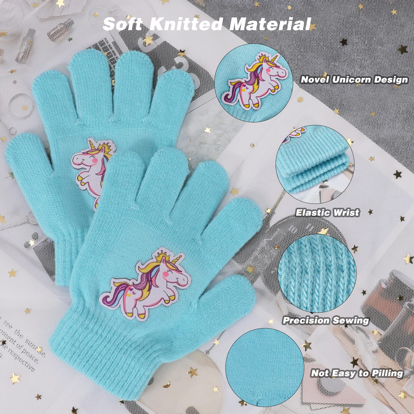 QKURT 6 Pares de Guantes de Punto para Niños Guantes Cálidos de Invierno para Niños Pequeños Manoplas Mágicas de alto Estiramiento con Patrón de Unicornio Novedoso Adecuado para Niñas de 5 a 12 años
