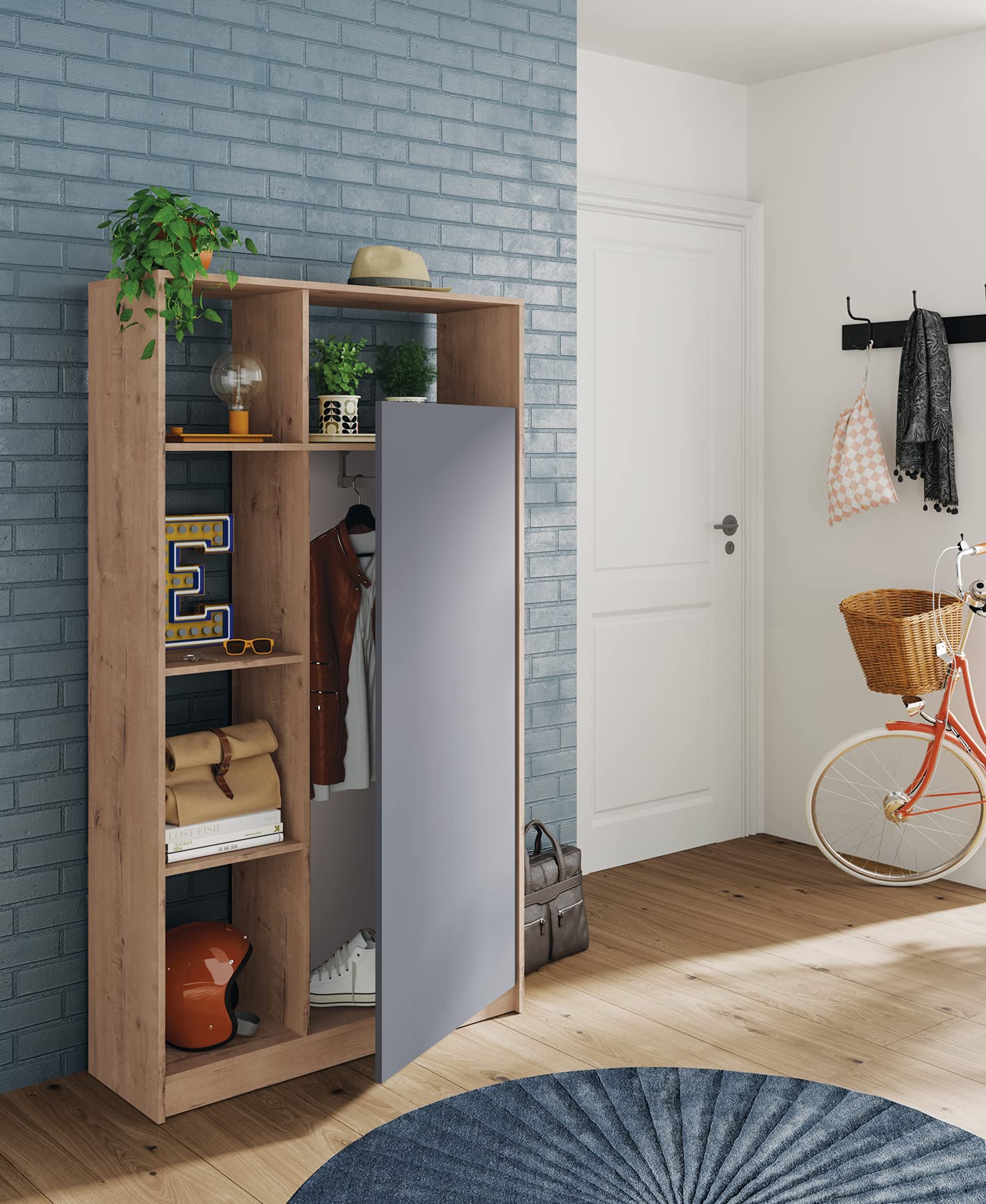 MUEBLES PITARCH | Armario Recibidor Entrada una Puerta con Barra Frontal para Colgar y estantería, Roble Gold y Gris,180x100x35 cm, Gran Capacidad, Moderno, Modelo Neo