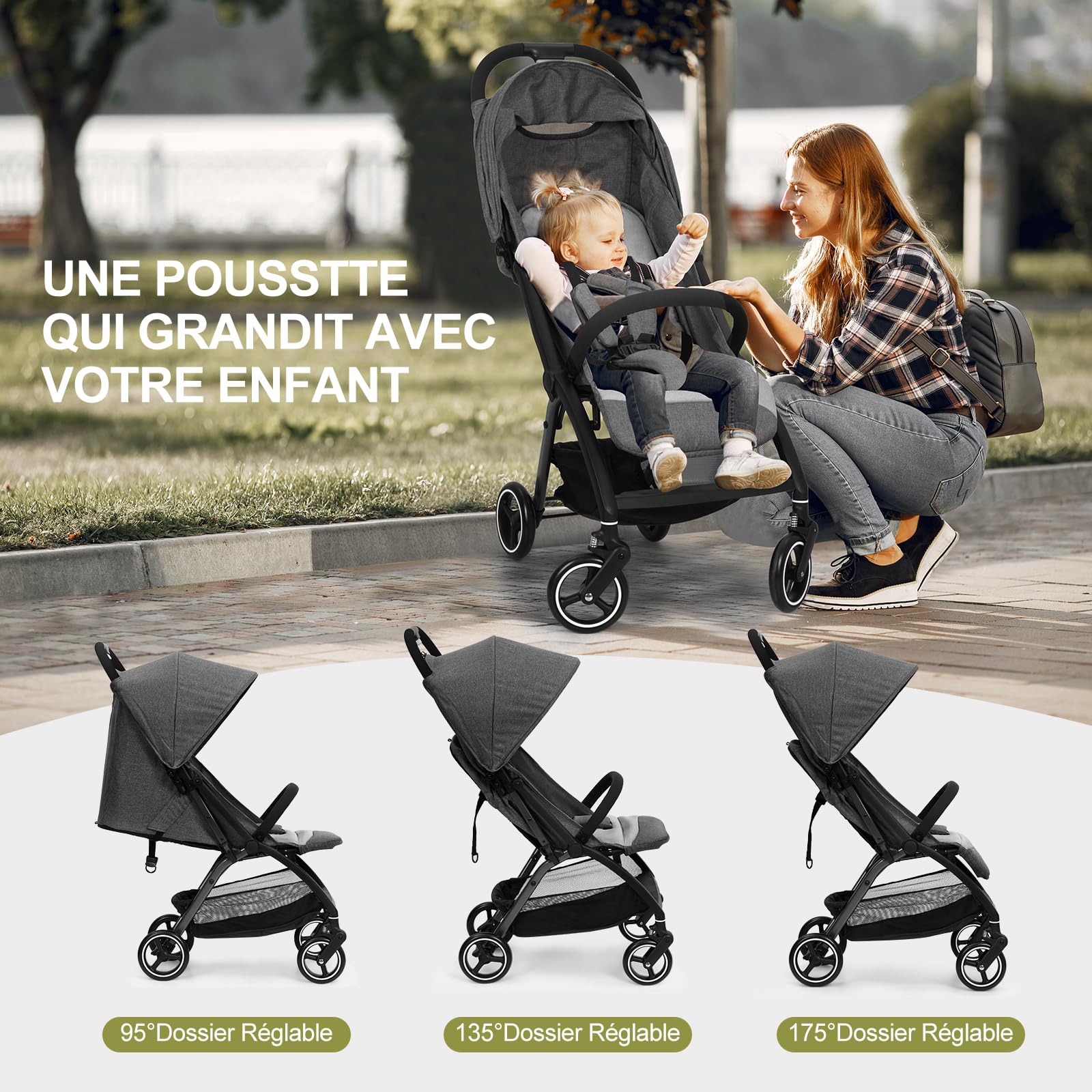 Sillas De Paseo Ultraligero, Silla Paseo Bebe Compacta Plegable Para Recién Nacidos Hasta 22 kg, Con Asiento Reversible y Ruedas De EVA，Plegable Con Una Sola Mano, Respaldo Ajustable