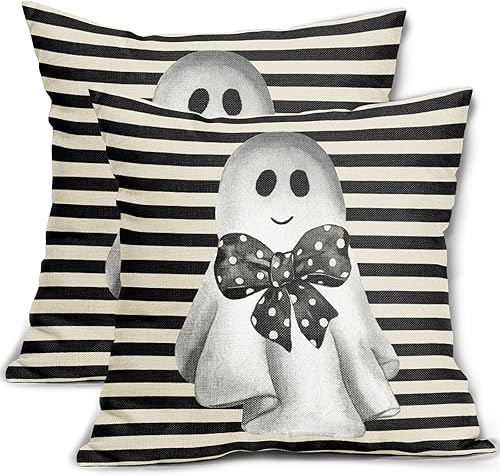 Juego de 2 fundas de almohada de fantasmas de Halloween de 18 x 18 pulgadas, con estampado de rayas y lazos, para exteriores, color negro y crema,