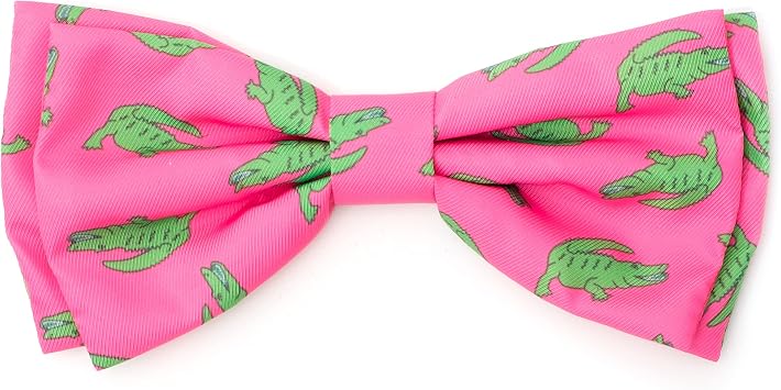 THE WORTHY DOG Pet Bow Tie for Dogs & Cats Soft Printed Polyester Collar Bow Tie with Touch Fastener, Attaches to Any Collar- Al the Gator Pattern, Pink/Green, Large