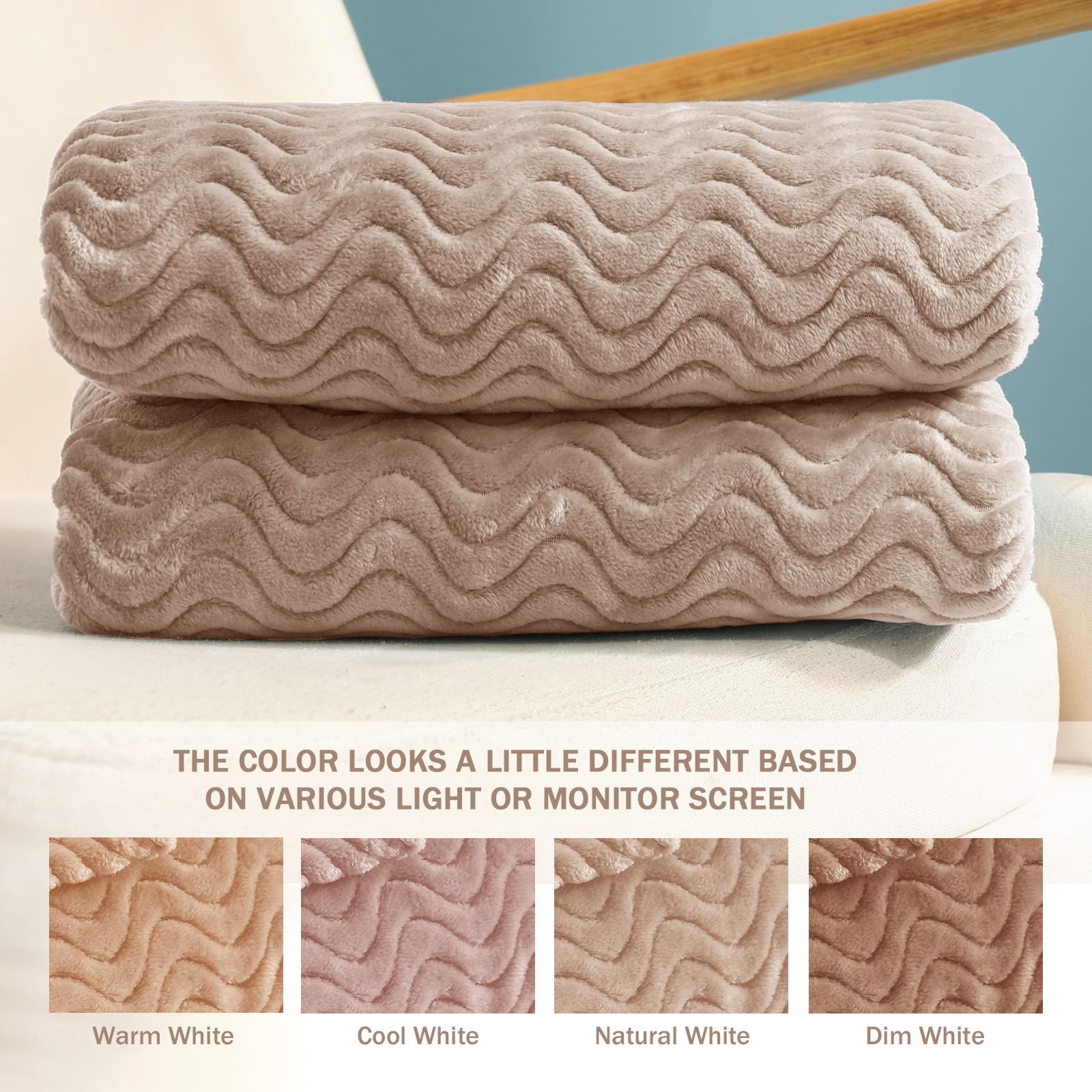 Manta de vellón color beige para sofá cama, supersuave y acogedora con textura de ondas decorativas, afelpada, liviana, para usar en todas las estaciones, 50 x 70 pulgadas 7