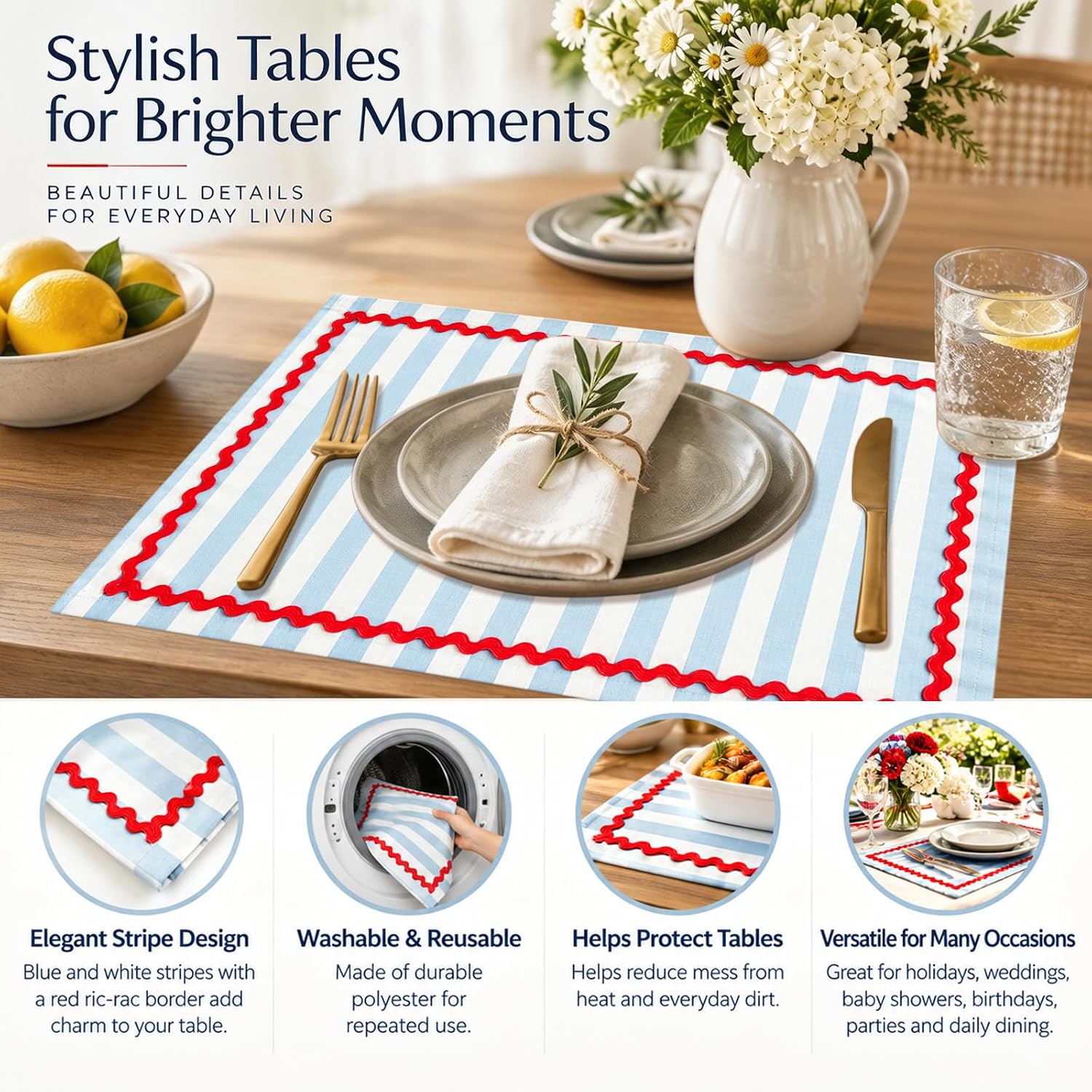 FYSUIMU Blue Striped Placemats with Red Rick Rack Trim image 4
