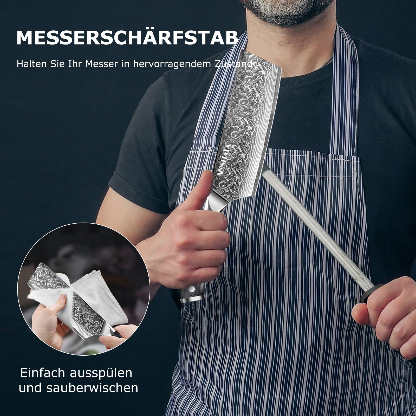 MOSFiATA Damastmesser Nakiri Messer 18 cm, Vatertagsgeschenk für Papa, Kochmesser Damast Küchenmesser Damaststahl Japanisches Messer Scharf Profi Fleischmesser mit Wetzstahl